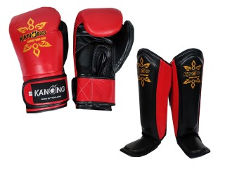 Kanong Cowhide Boxing Gloves and matching Shin Pads : Red/Black